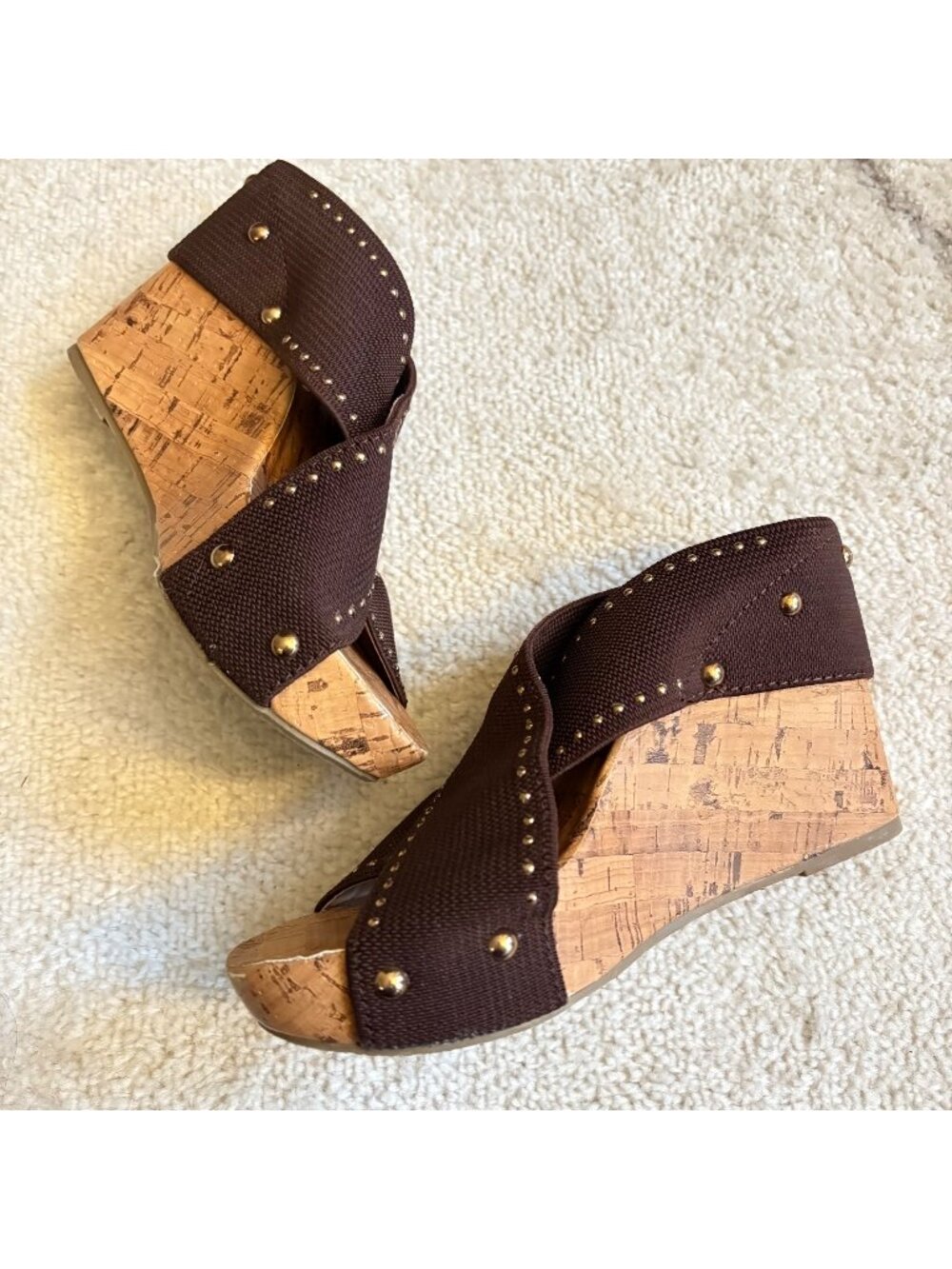 Montego Bay Club Brown Cork Wedge Sandals Studded Resort Wear Y2K